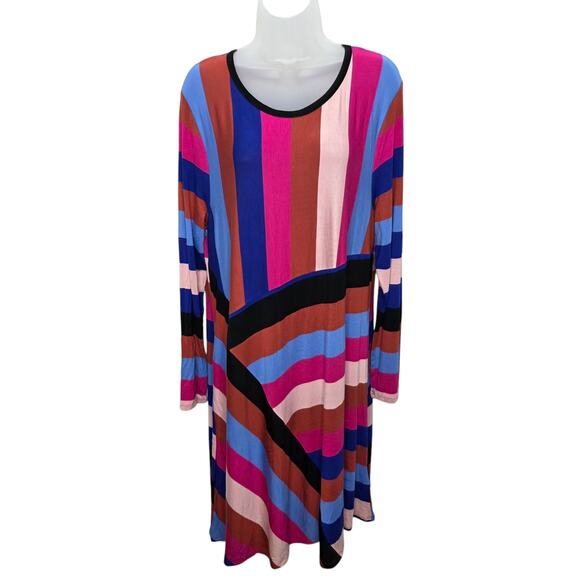 Spense Multi Color Striped Long Sleeve Round Neck A Line Women's Dress Sz XL New - Picture 1 of 14